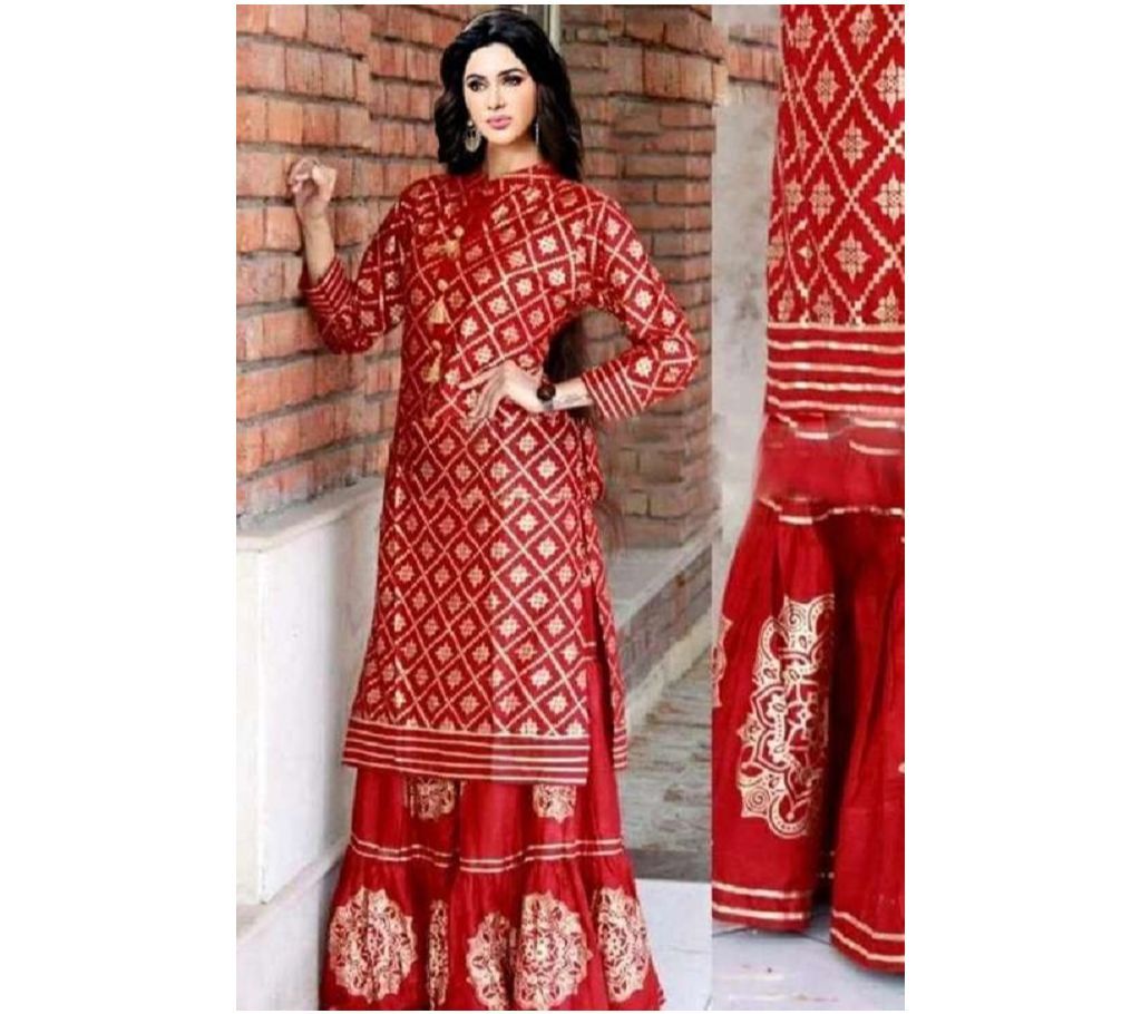 Unstiched Block Printed Cotton Salwar Kameez For Women Red Color.