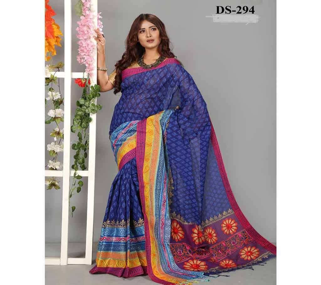 Tangail Butics Saree With Blouse Piece-Blue