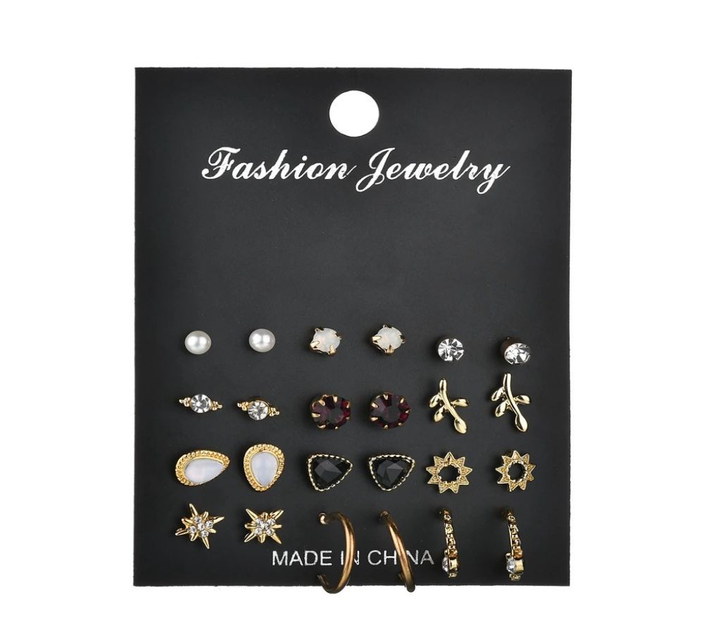 Crystal Star Leaves Stud Earrings For Women-12 Pair