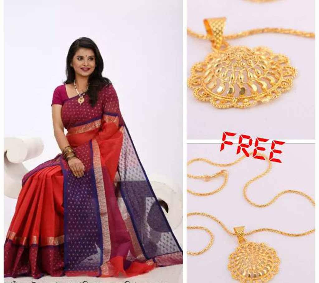 red cotton sharee with pendant free 