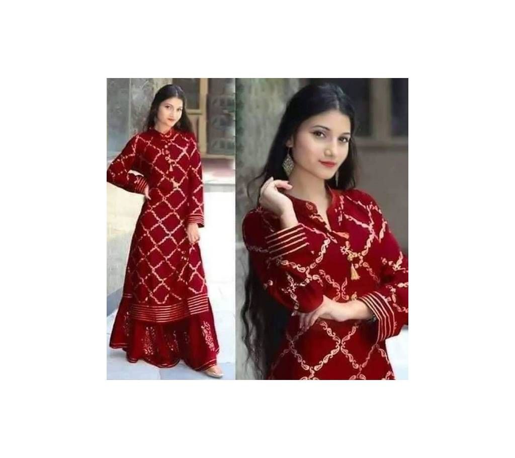 Cotton Block 3pc - Maroon Color with Gold Color Block print - DNO401