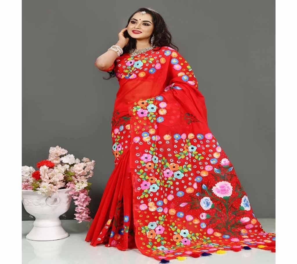 Pure Deshi Beautiful Sharee - 148 - Red Maroon with Multi Color Flower Design (SU602)