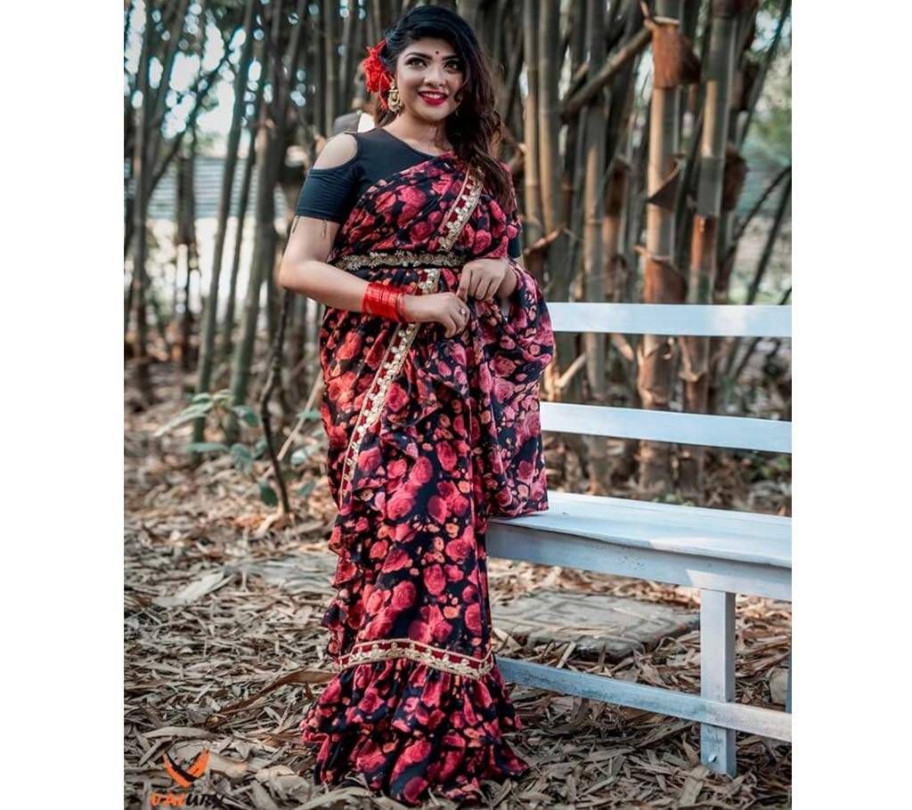 Black & Pink Georgette Ruffle Saree