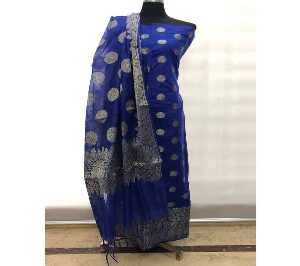 Unstitched Indian Benaroshi Katan 2 PC - Blue With Round Design