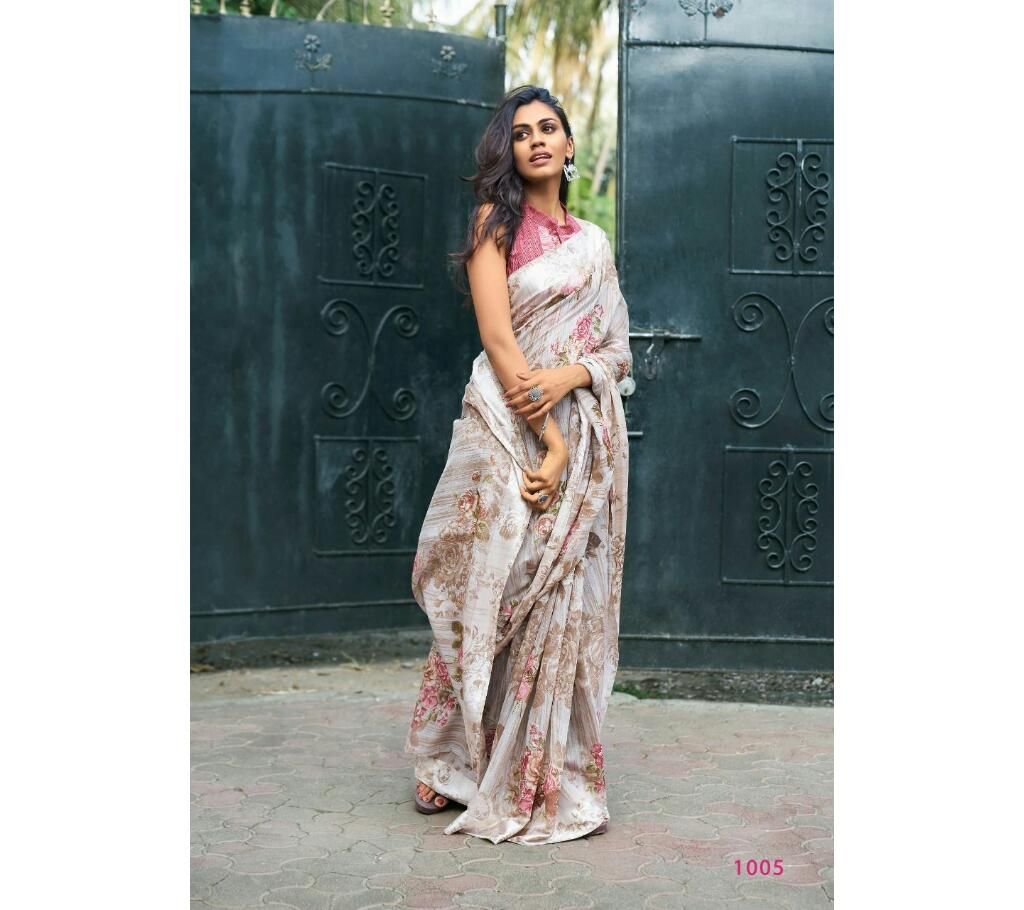 Beautiful Linen Silk Saree 1005 Light brown Ash with flower  Design