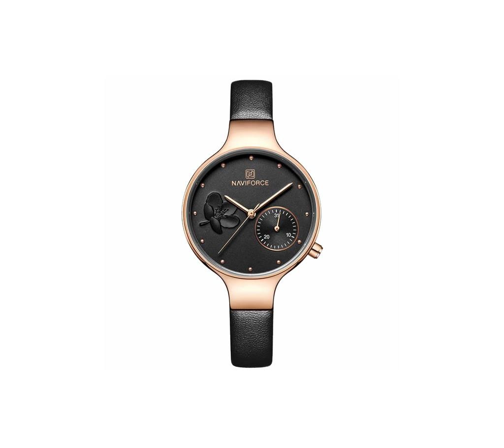 NAVIFORCE NF5001 Black PU Leather Sub-Dial Chronograph Watch For Women - Black & RoseGold