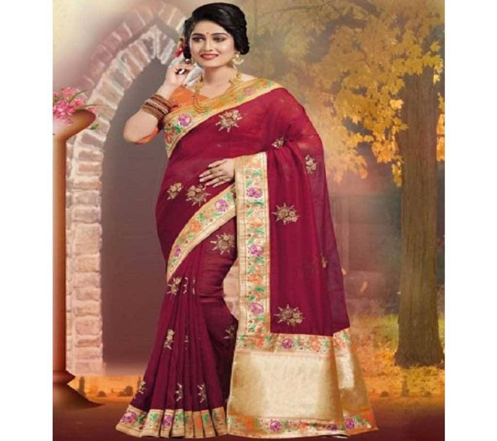 Multi color Embroidery Work Katan Saree For Women