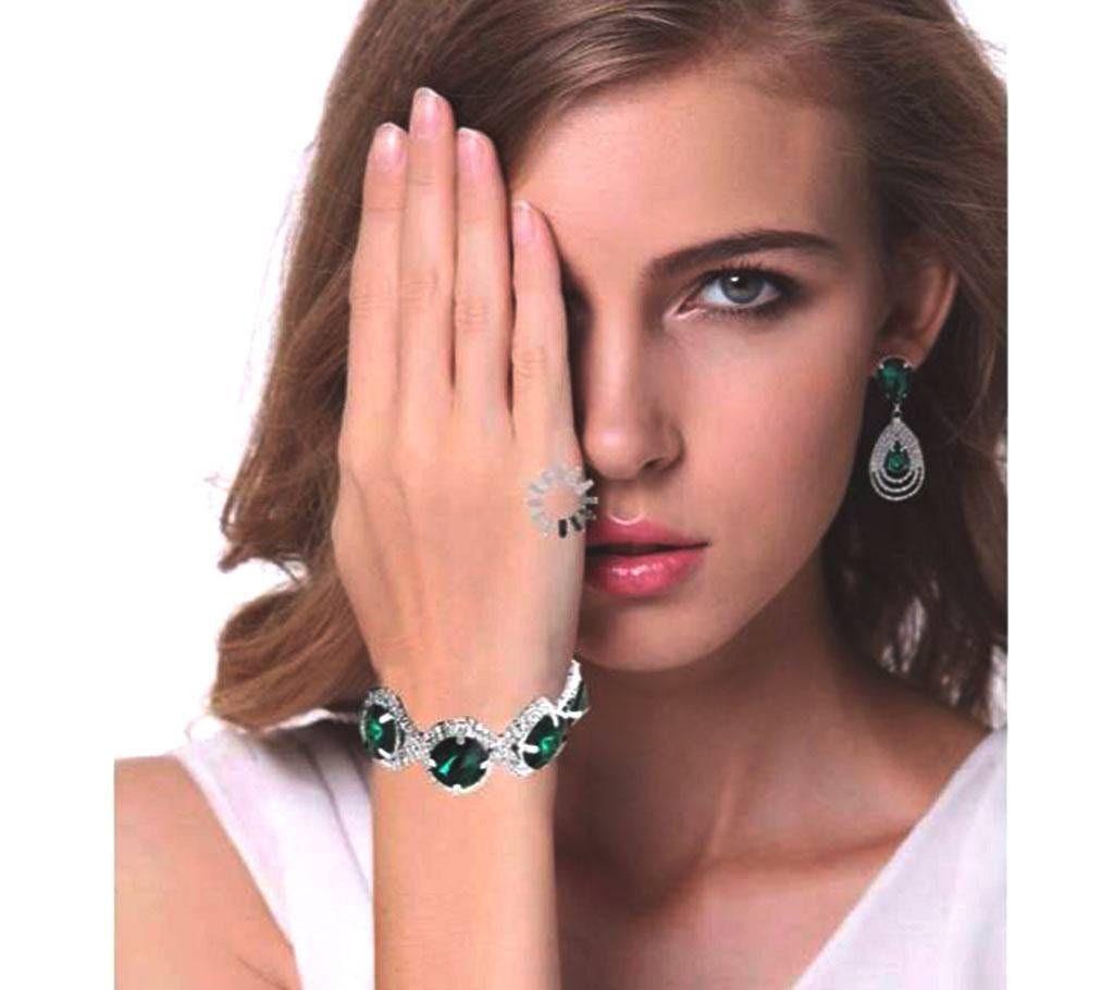 Crystal Rhinestone Green Colour  Bracelet Earrings Jewellery Set