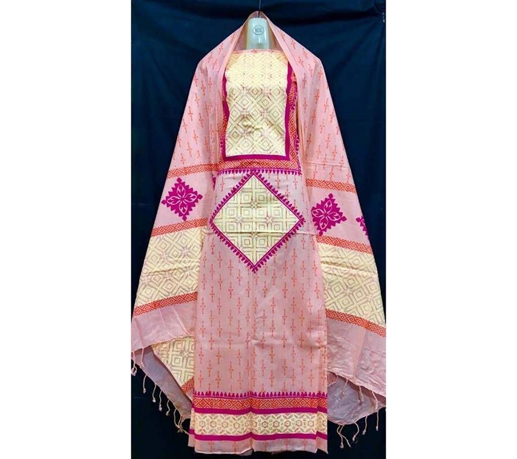 Unstitched Block Printed Colourful Cotton Three Piece