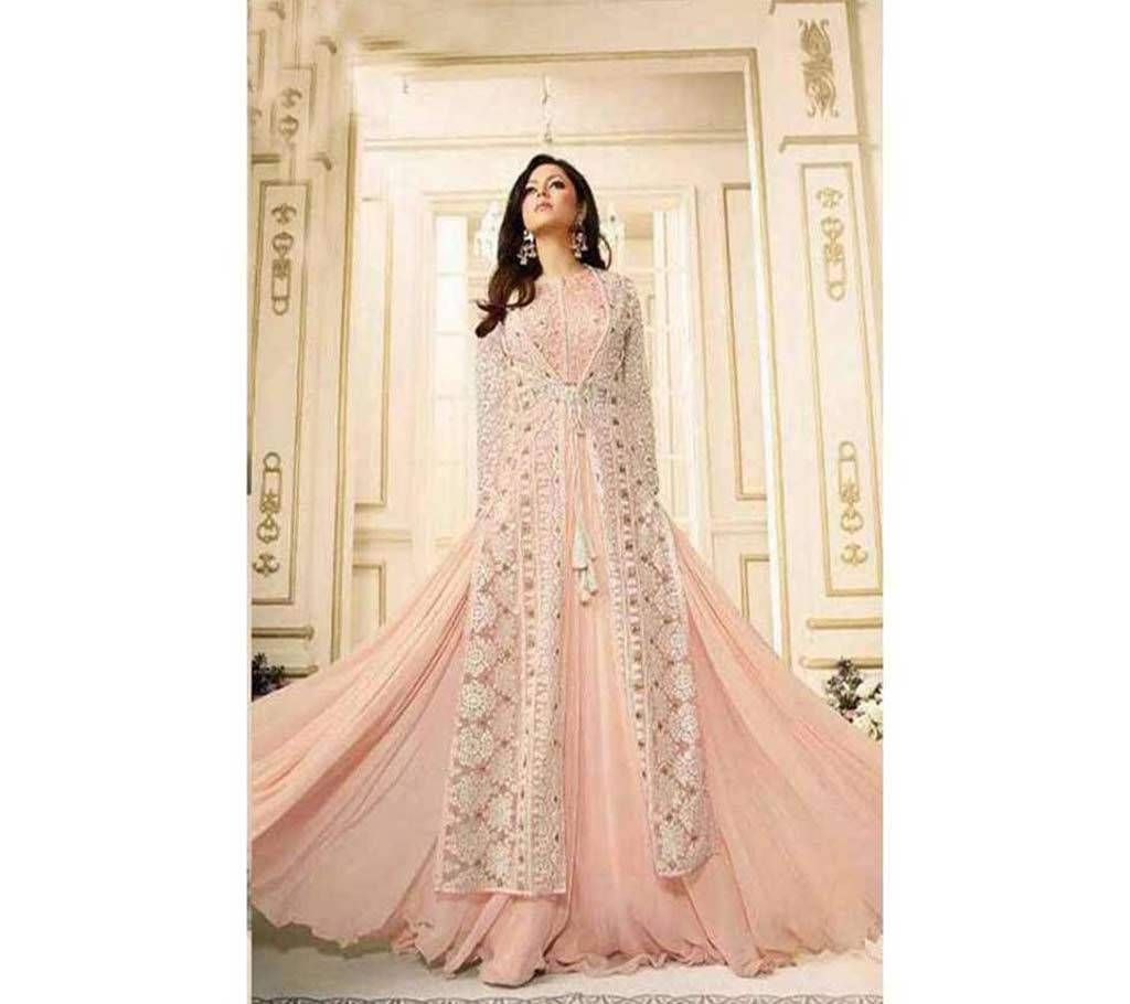 Semi Stitched Georgette Long Dress With Embroidery Work Three Piece - Copy