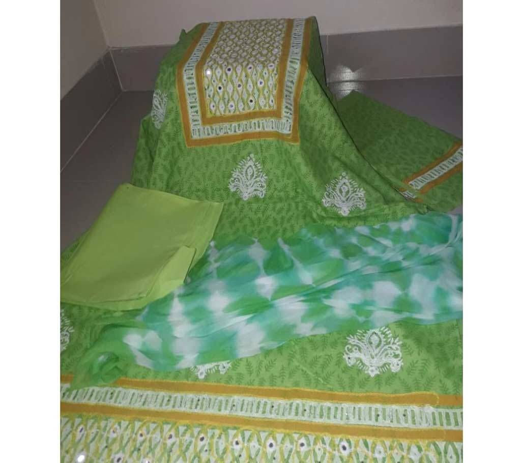 Unstitched green cotton three piece 