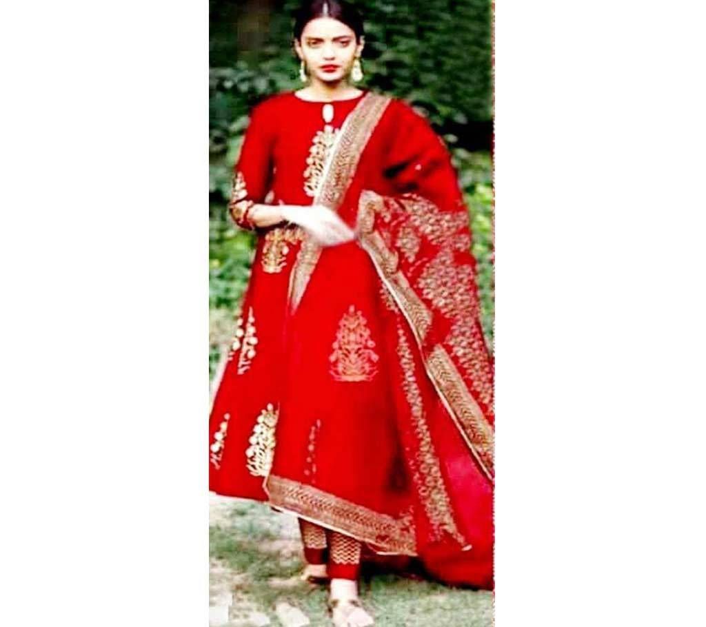Unstitched Red Cotton Printed Shalwar Kameez For Women