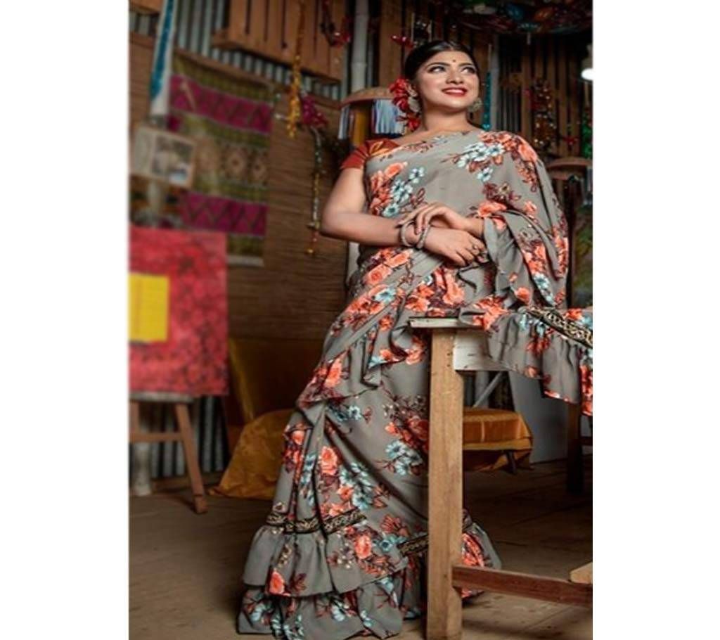 Grey & Orange Georgette Ruffle Saree