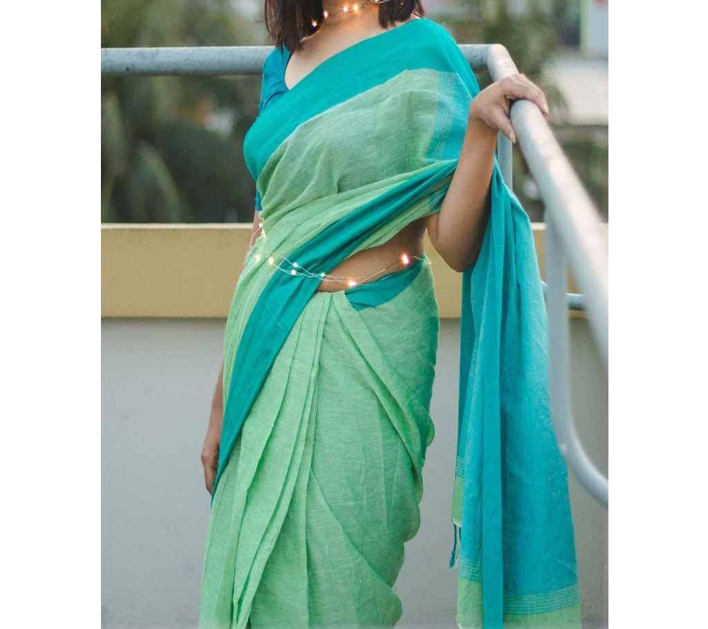 Deshi Sharee - Tangail Soft Cotton Bottle Green and Light Green -(SU716)