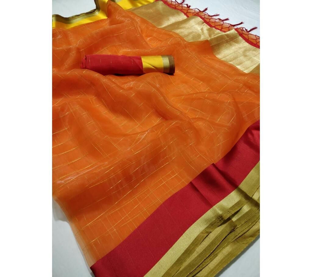 ORGANGA CHEX Saree with blouse pice 01 orange with crimson and Golden color paar