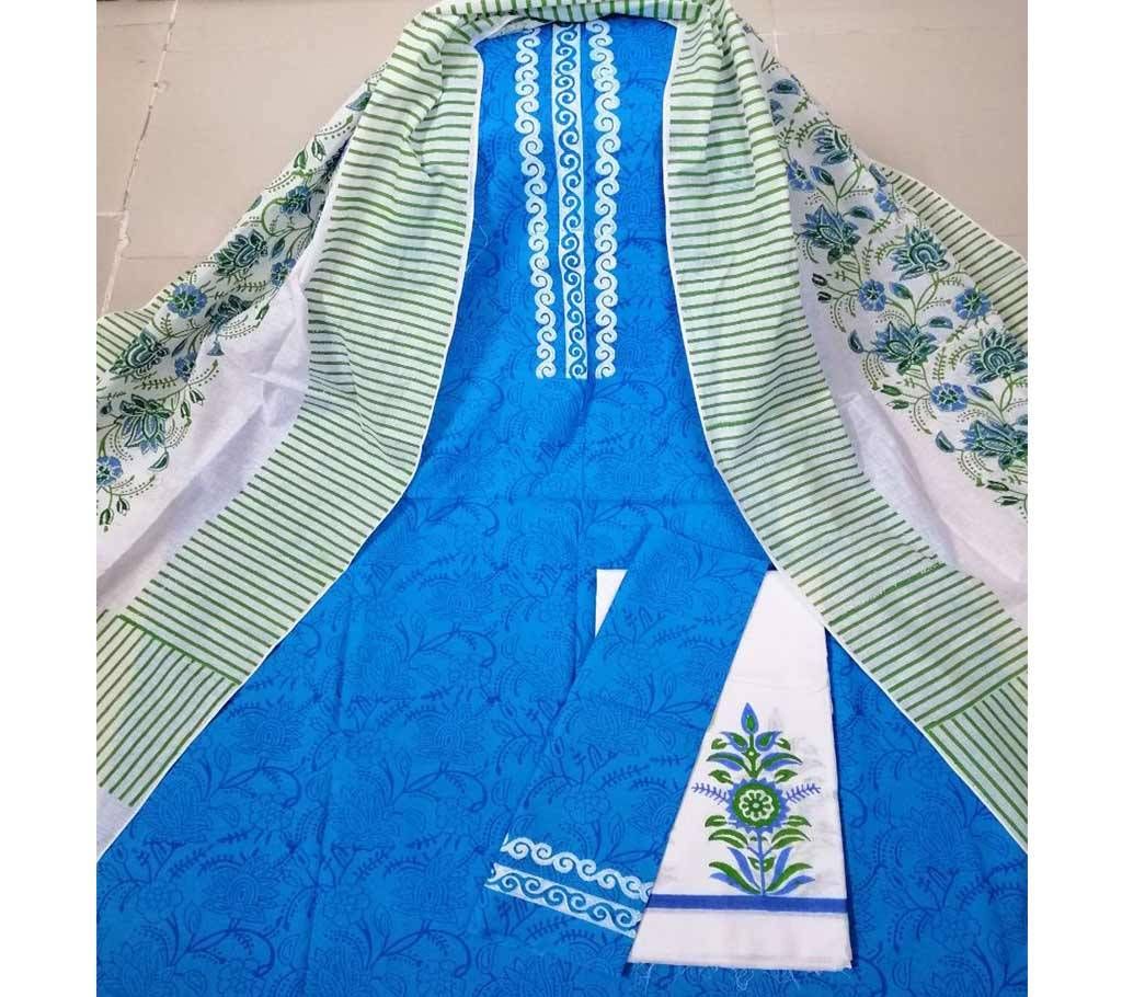 Unstitched Deshi Cotton 3Pcs with Cotton Orna - 12 - Blue with White Design in Chest
