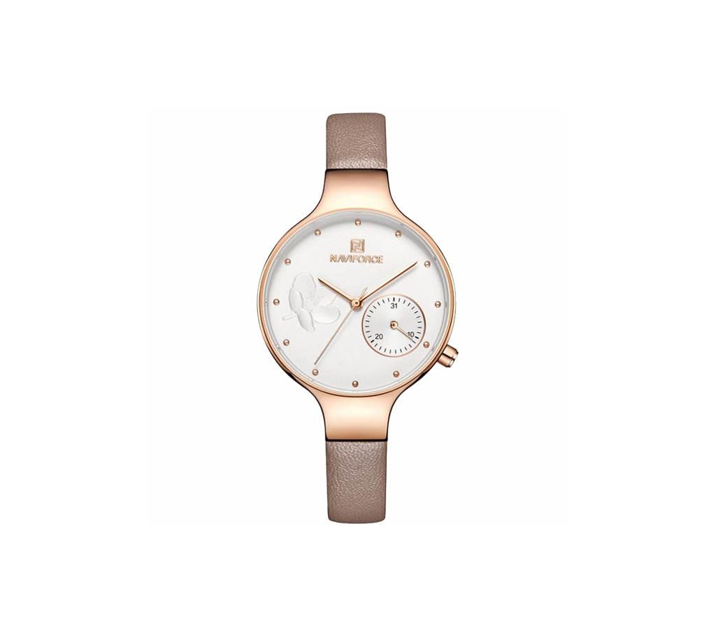 NAVIFORCE NF5001 Brown PU Leather Sub-Dial Chronograph Watch For Women - Brown & RoseGold