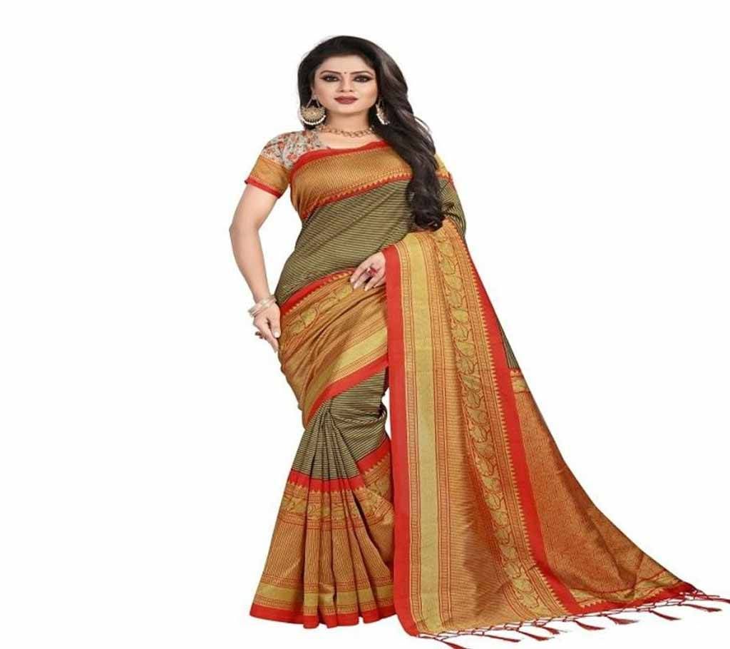 Mayshury Silk Sharee Golden with Brown Thin Stripe Design in Body with Large Paar