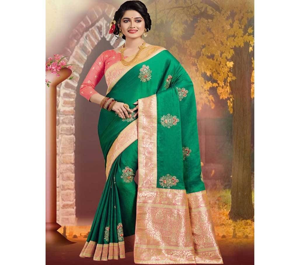 Green and Light Pink Embroidery Work Katan Saree For Women