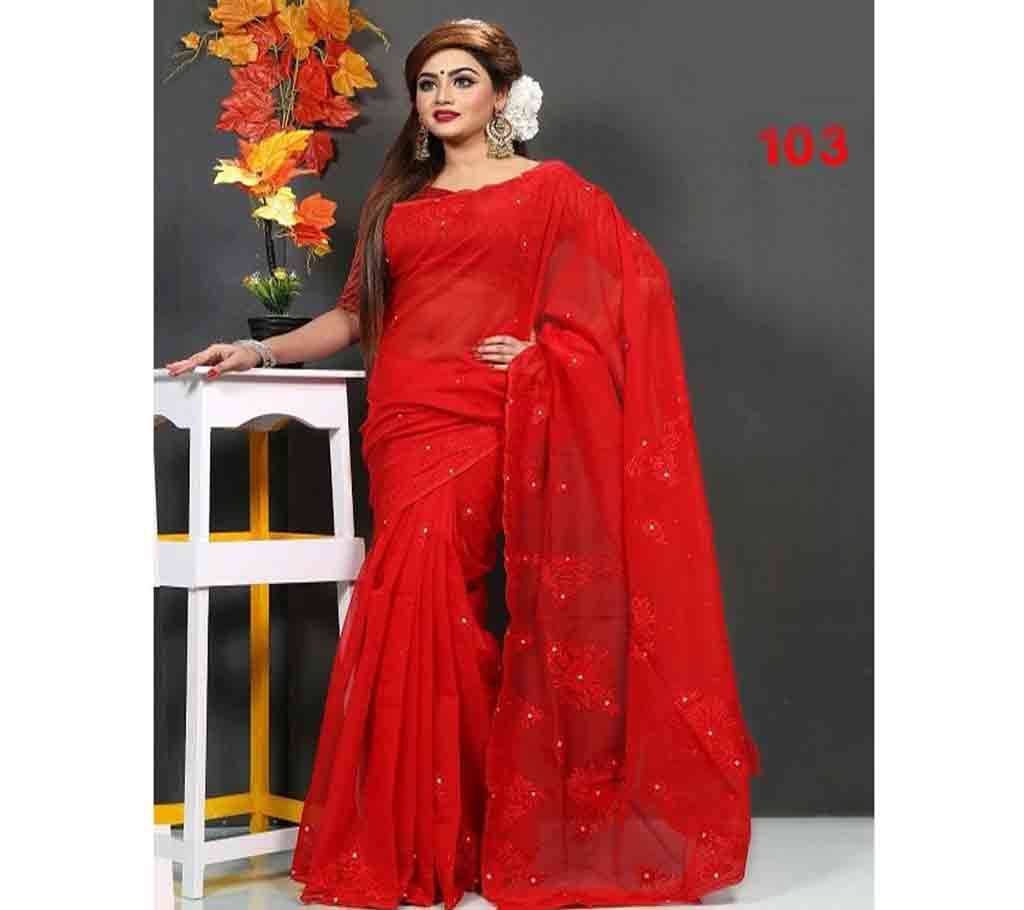 Red Maroon with Red Flower Design and White Stone Silk Sharee 