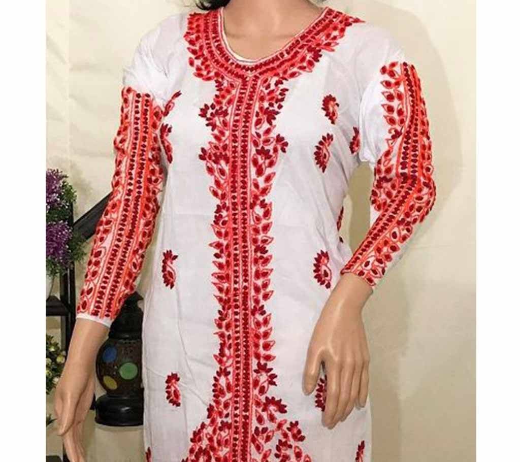 Unstitched Cotton Single Kamiz Kurti - Red White 