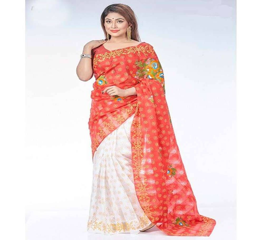 Check Silk Block Printed & Emboid ary Work saree
