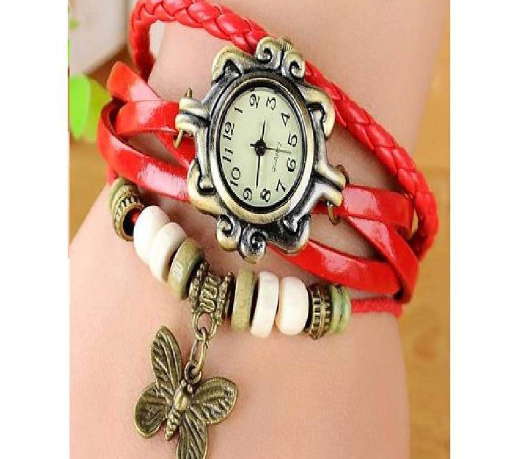 Leather Butterfly Watch for Women- Red