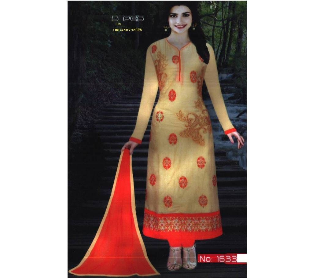 Unstitched Organdy Embroidery Stone+Chumki  3 Pcs