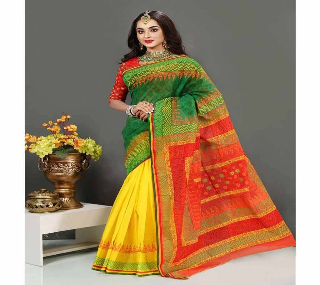 Pure Deshi Beautiful Sharee - 149 - Forest Green and Yellow and Red Orange with Full Body Design (SU603
