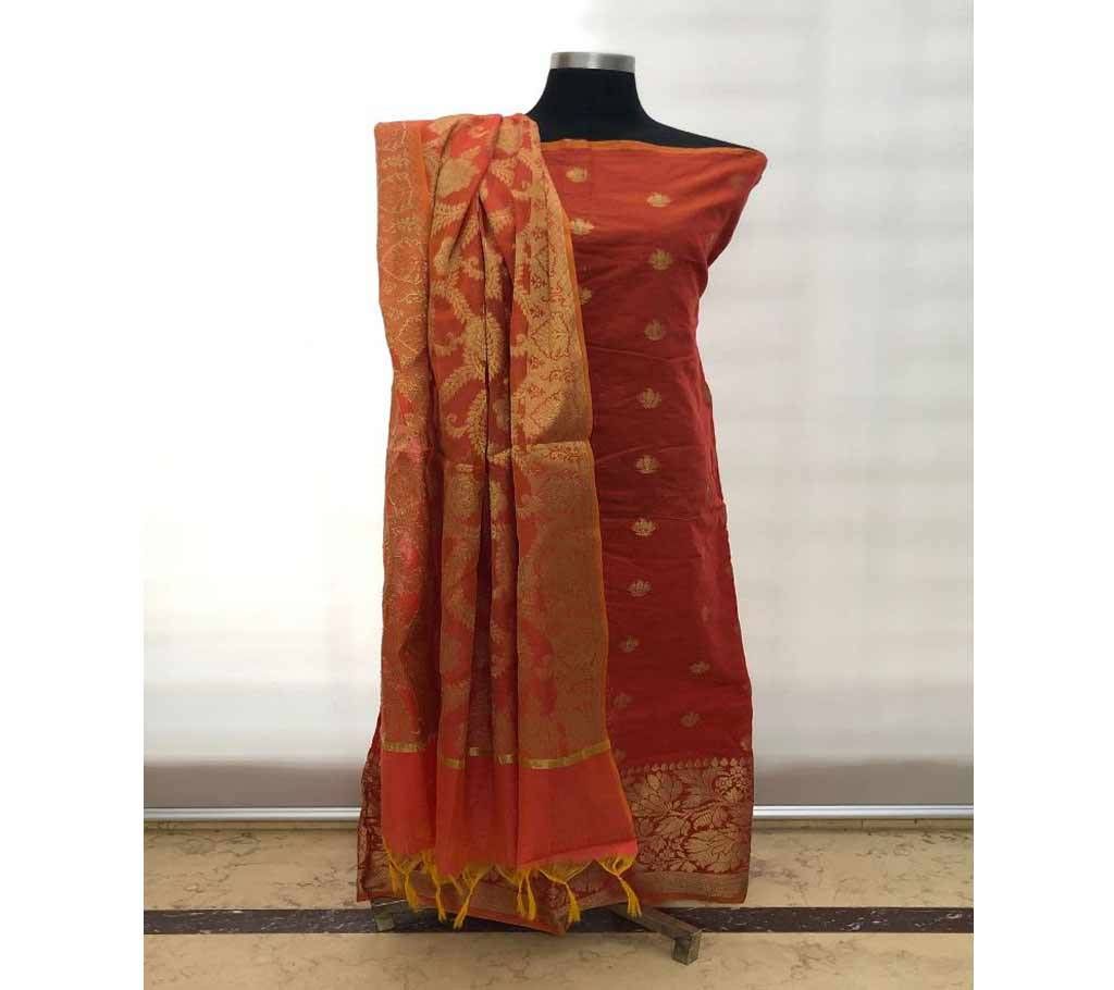 Unstitched Indian Benaroshi Katan 2 PC - Brown With Leaf Design
