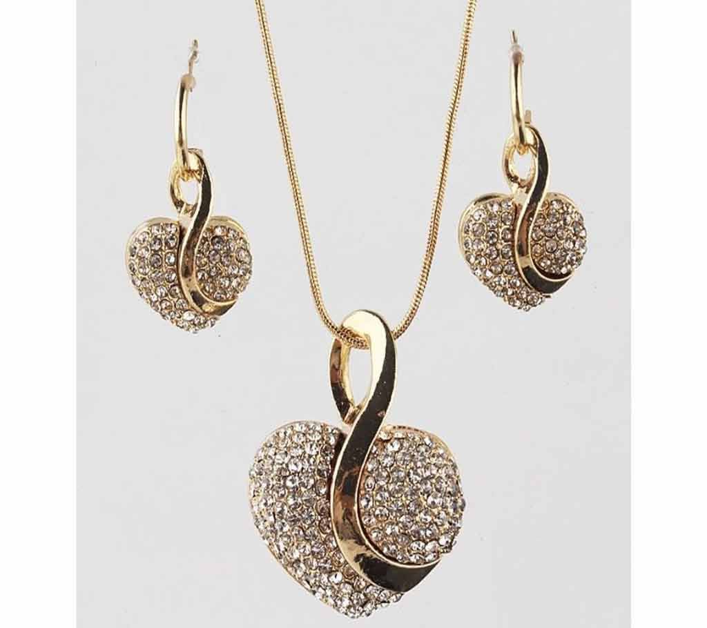 Luxury Gold-color Heart Clear Romantic Austrian Crystal Earrings and Necklace Sets