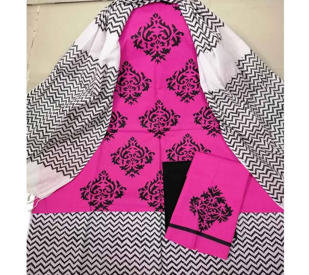 Unstitched Deshi Cotton 3Pcs with Cotton Orna - 39 - Pink with Black Design