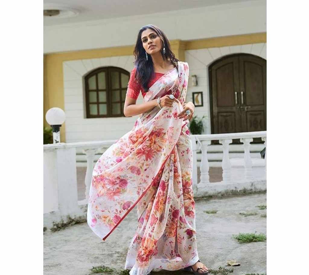 Beautiful Linen Silk Saree Light Pink Ash with Flower Design