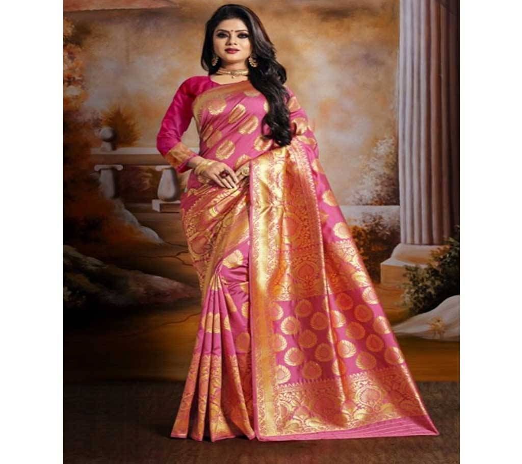Pink and Golden Embroidery Work Katan Saree For Women