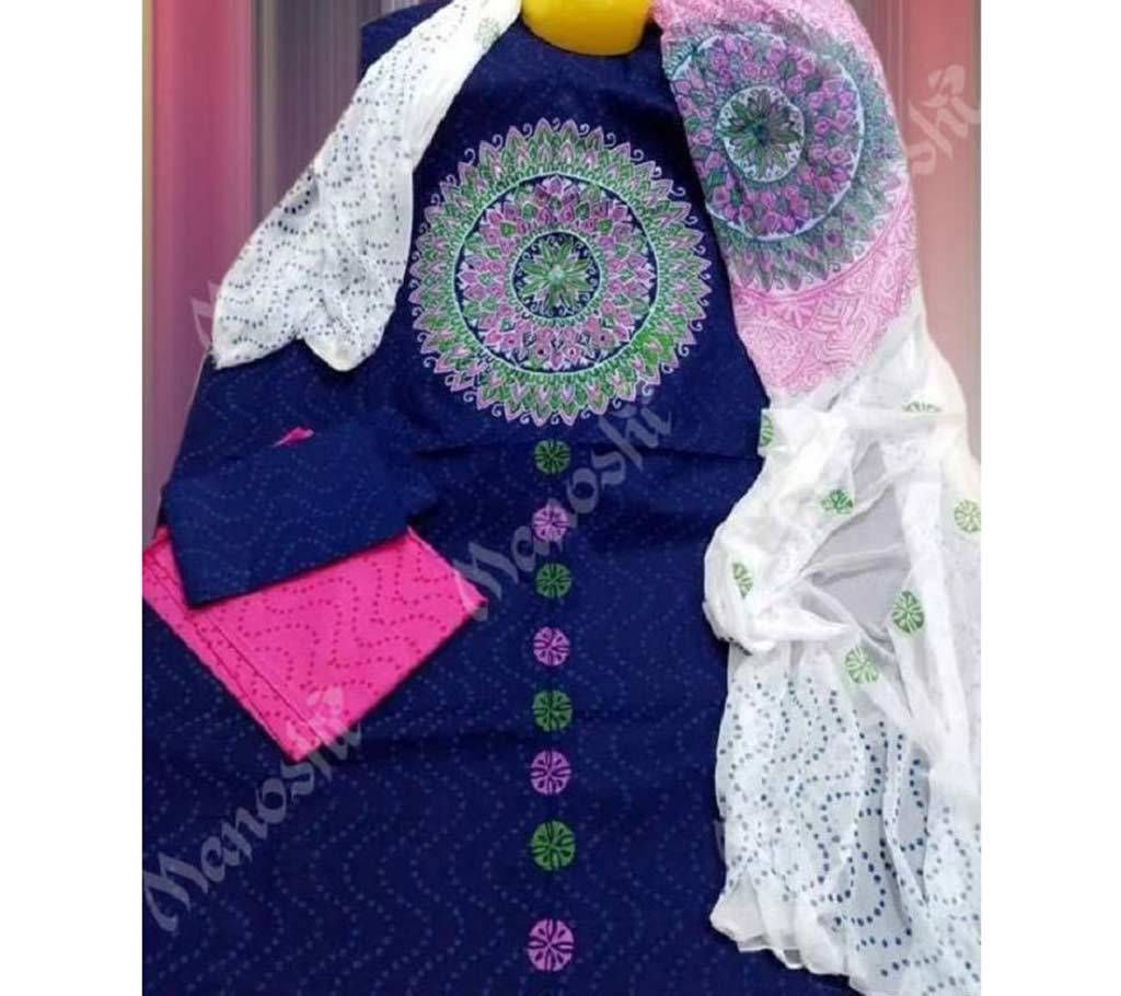 Unstitched Block Printed Three Piece for Women Blue Color