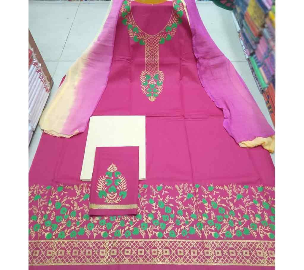 Block Printed Unstitched Cotton Three Piece - Purple 
