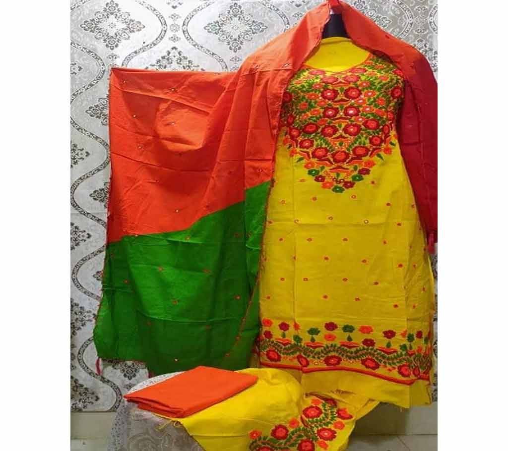 Unstitched Fulkari Hand Work  Shalwar Kameez/Three Piece for Women-25
