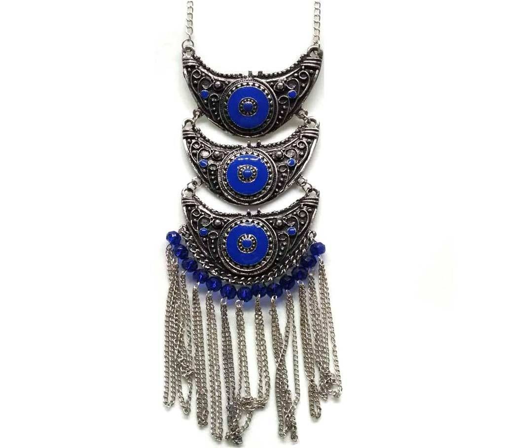 Blue Beads Fringes Oxidized Silver Necklace (by Zylph - NBT)