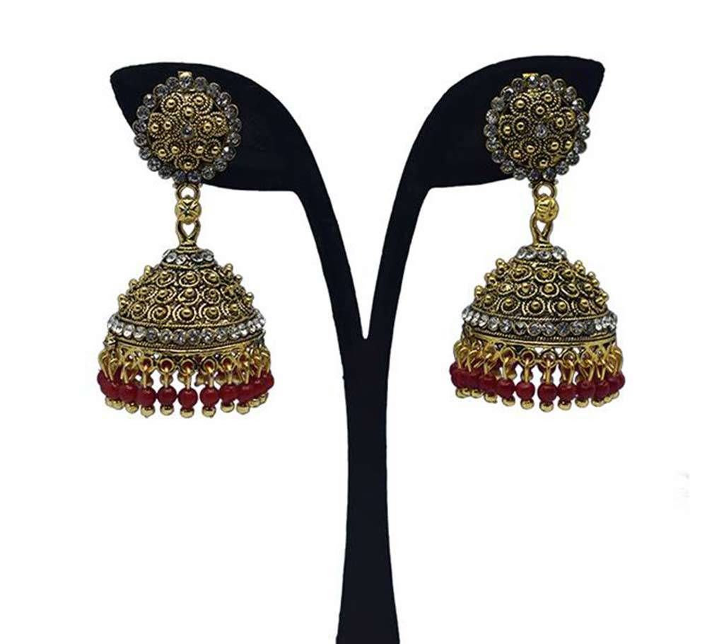 Stone Settings Gold Plated Red Pearl Indian Earring For Women