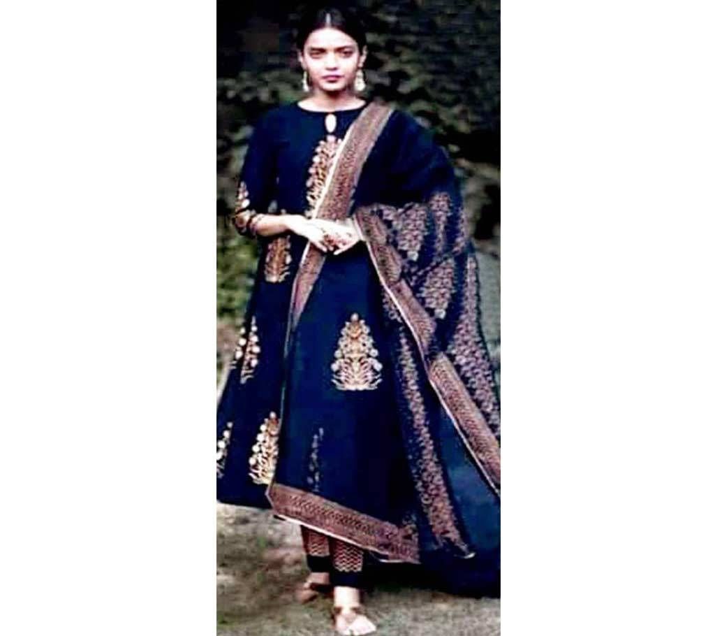 Unstitched Navy Blue Cotton Printed Shalwar Kameez For Women