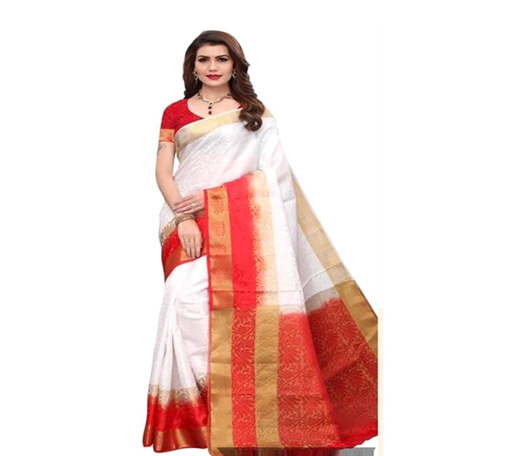 Kanjivaram Tussar Silk Cream and Off White Mix with Golden and Red Paar Saree--(SU516)