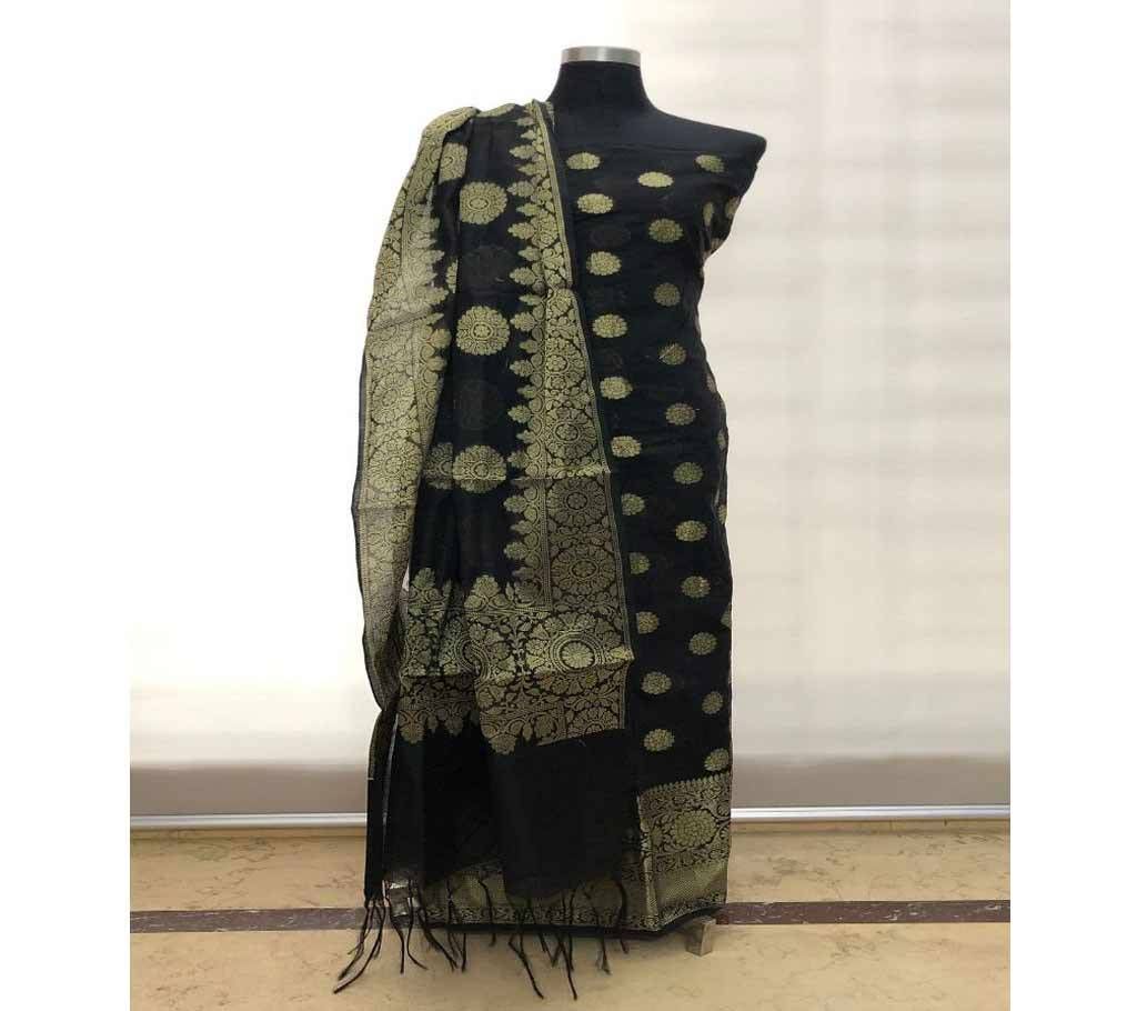 Unstitched Indian Benaroshi Katan 2 PC - Black With Round Design