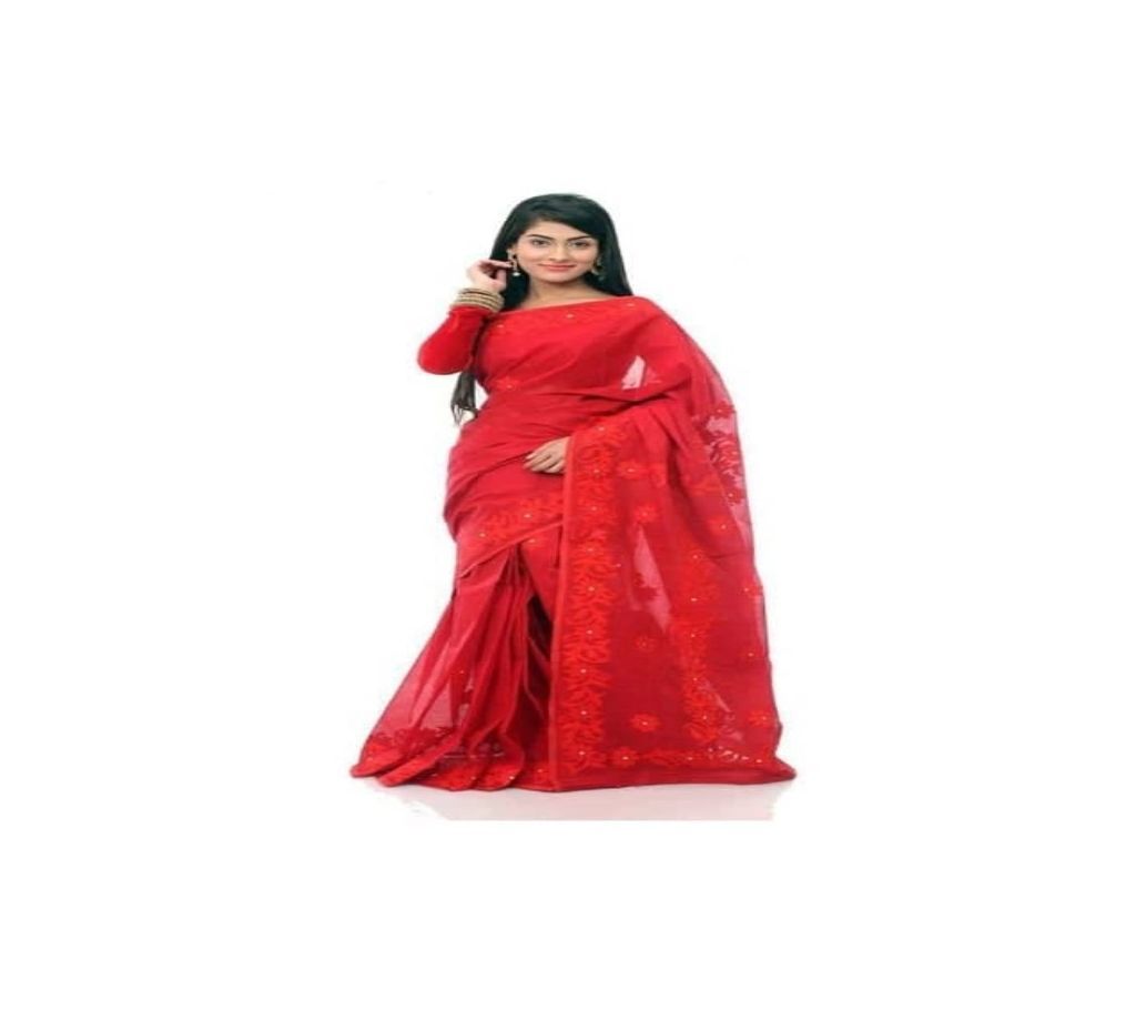 Red Applique Half Silk Saree For Women