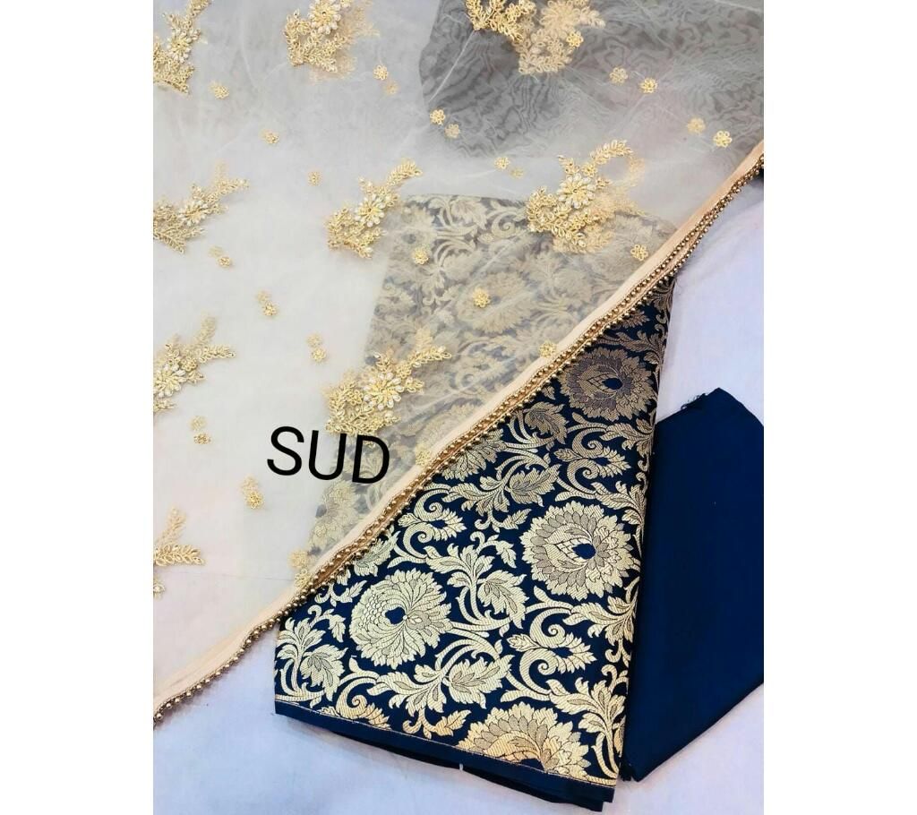 Banarasi Brocade Dress 05 Navy Blue and Golden combined colo