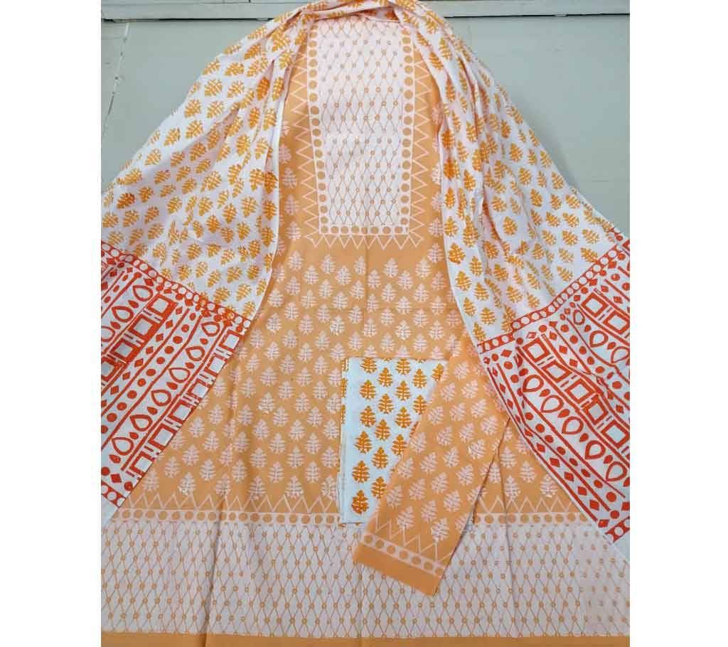 Unstitched Deshi Cotton 3Pcs with Cotton Orna - 37 - Tan Brown with Whole Body Design
