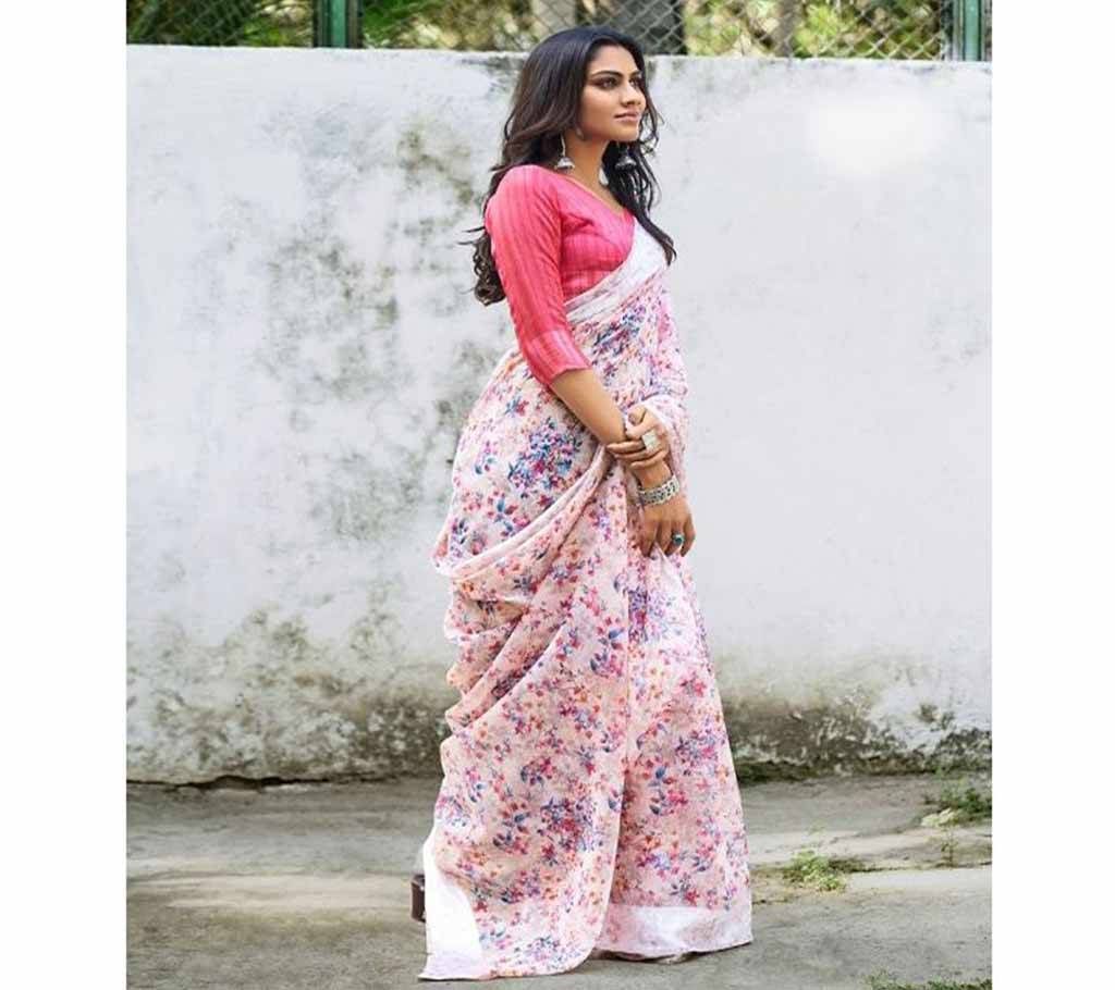 Beautiful Linen Silk Saree Cream with Flower Design