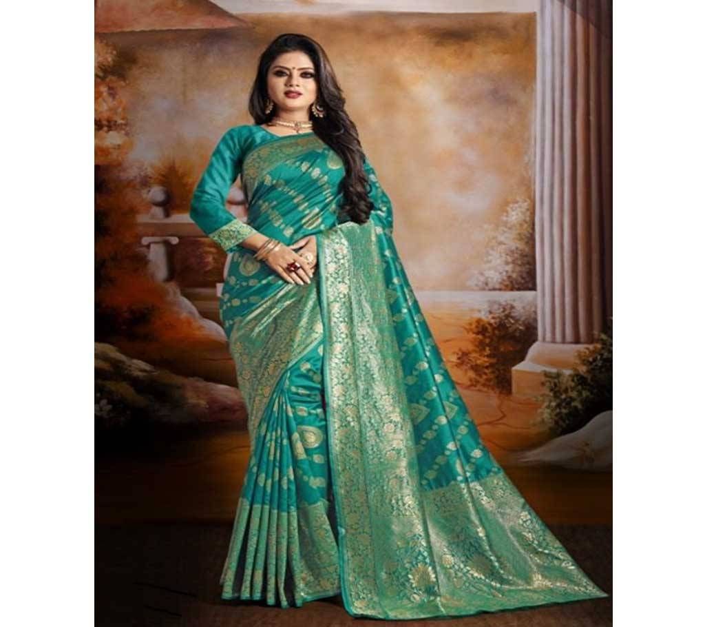 Light Sea Green and Golden Embroidery Work Katan Saree For Women