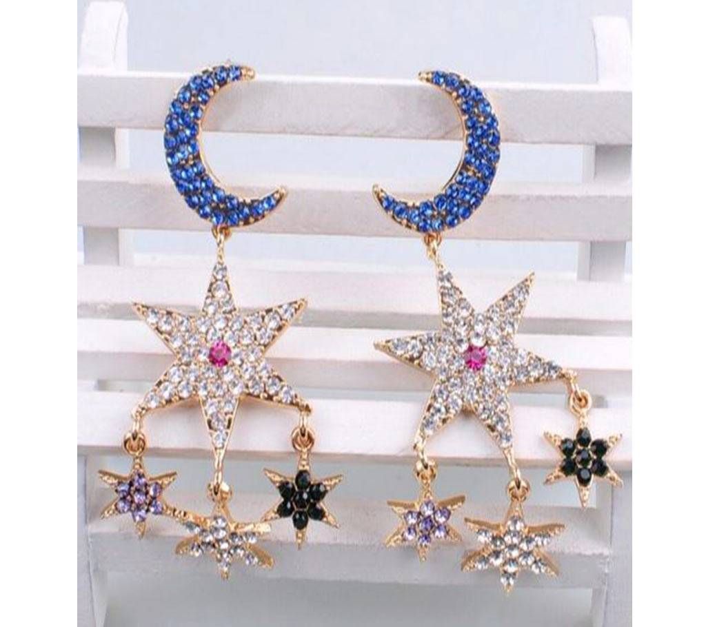 Rhinestone Engraved Moon & Star  Long Drop Earrings for  Women