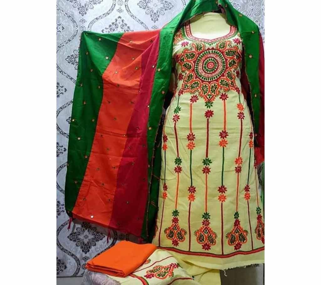 Unstitched Fulkari Hand Work  Shalwar Kameez/Three Piece for Women-26