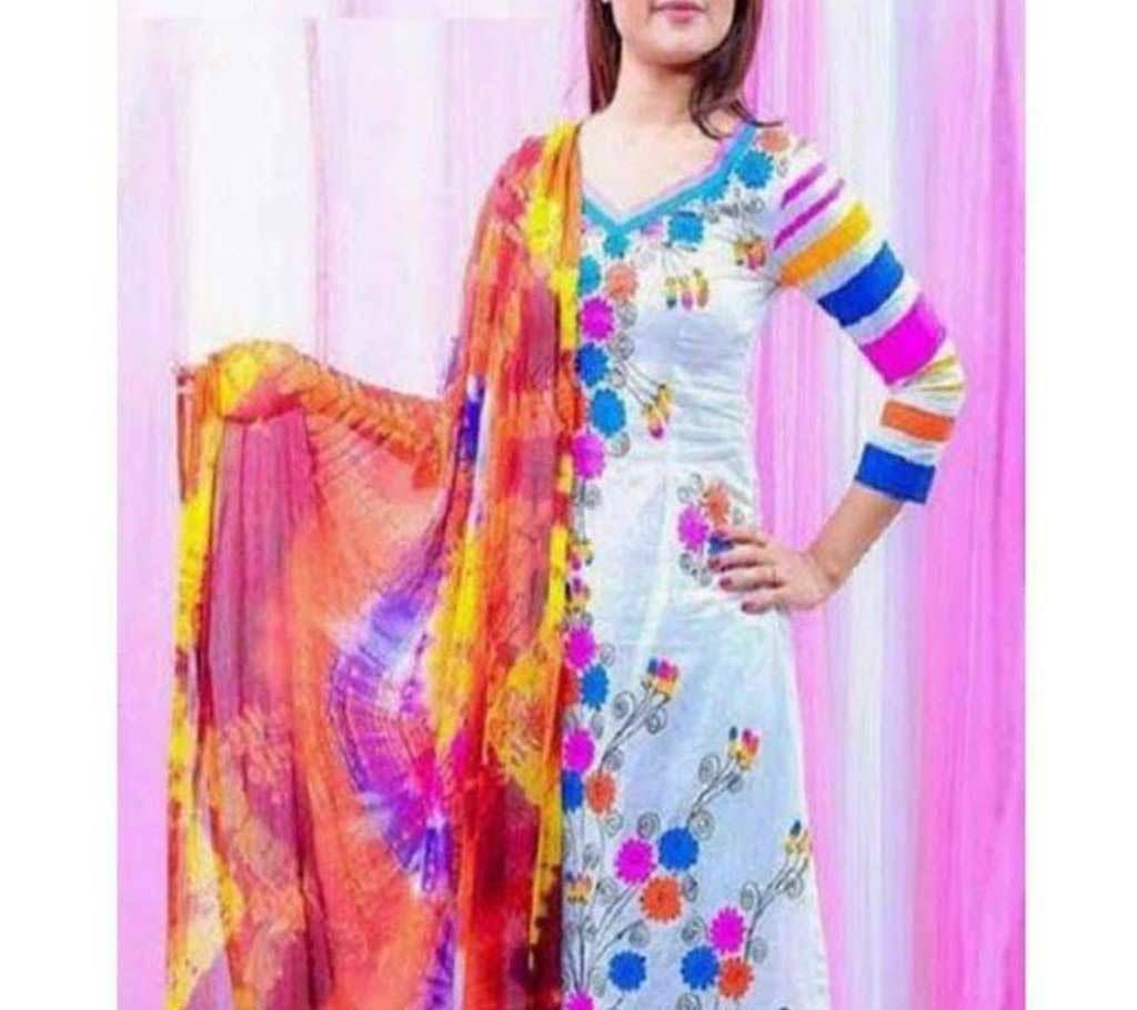 un stitched cotton block printed three piece 
